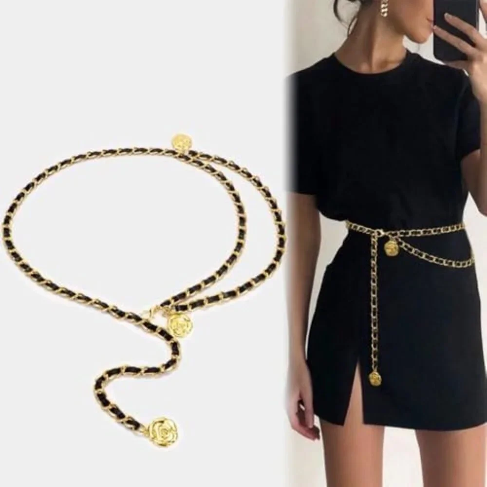 NWT Black and Gold Chain Belt Multilayer w/ Camellia Flower Pendants - Picture 1 of 5